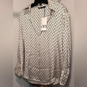 Zara Oversized White Geometric Button Down Shirt
